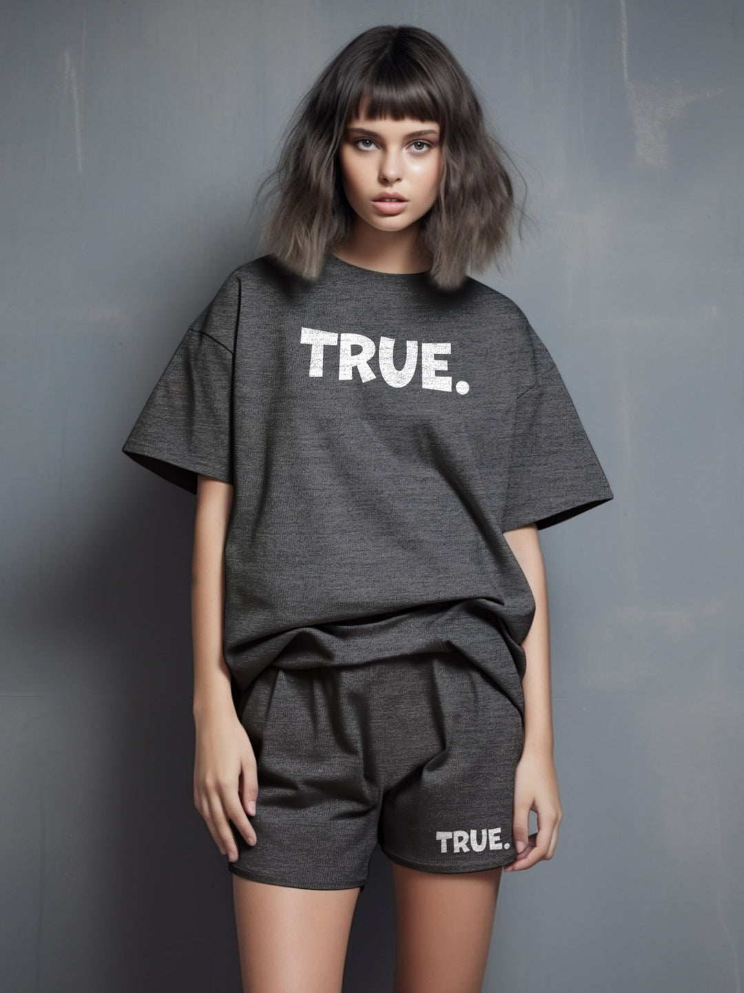 True. Cotton Girls T Shirt and Short Set in Grey Color