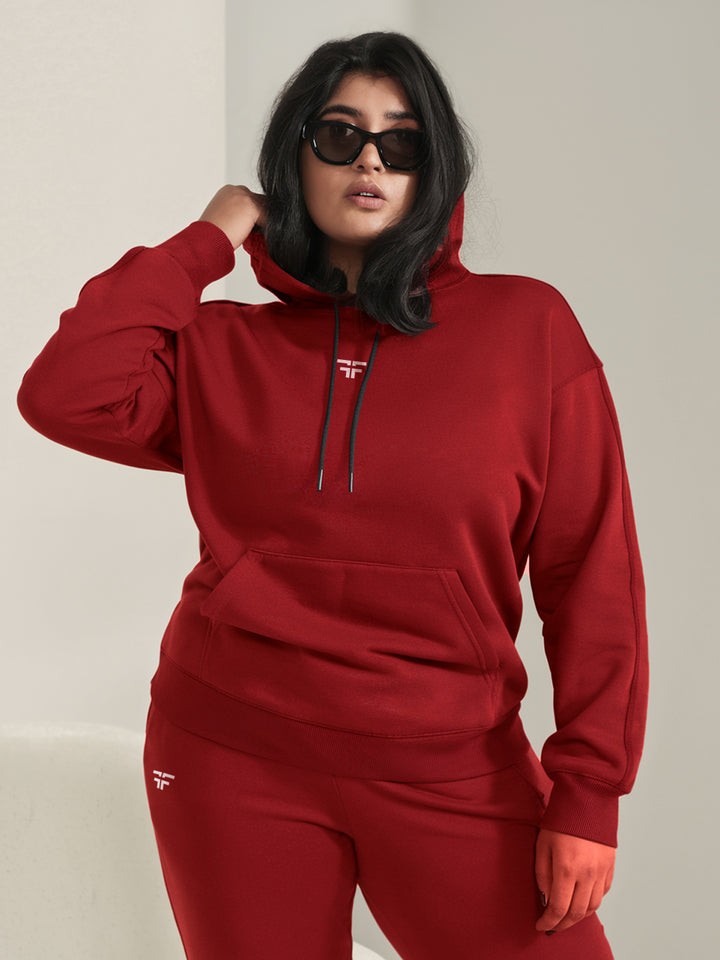 || PLUS SIZE DEEP RED THERMAL CO-ORD SET (HOODIE & JOGGER COMBO) ||