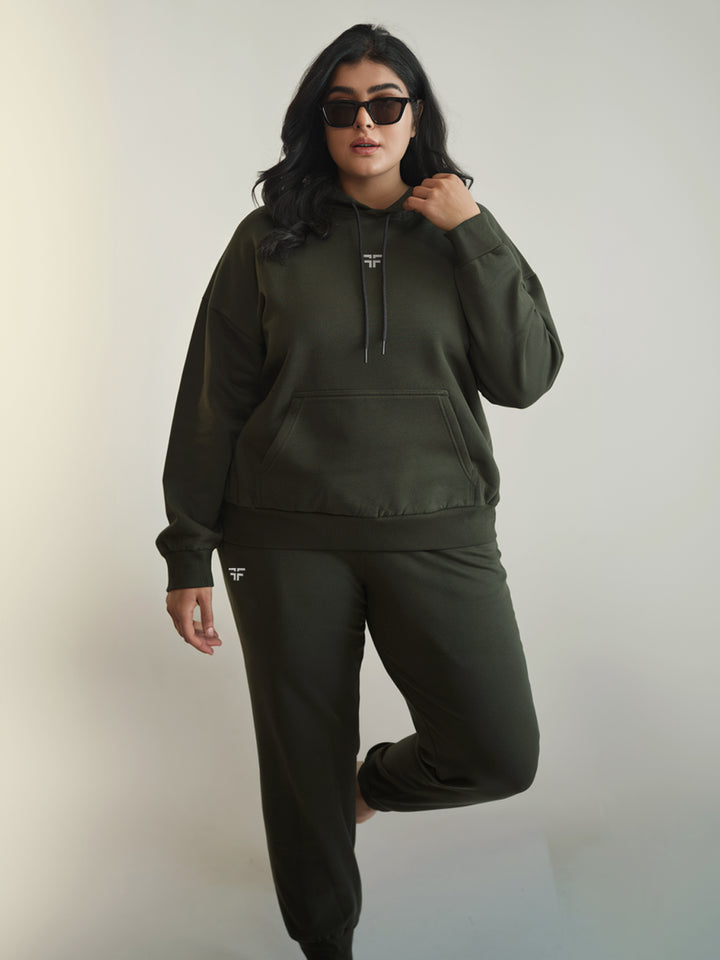 || PLUS SIZE MILITARY GREEN THERMAL CO-ORD SET (HOODIE & JOGGER COMBO) ||