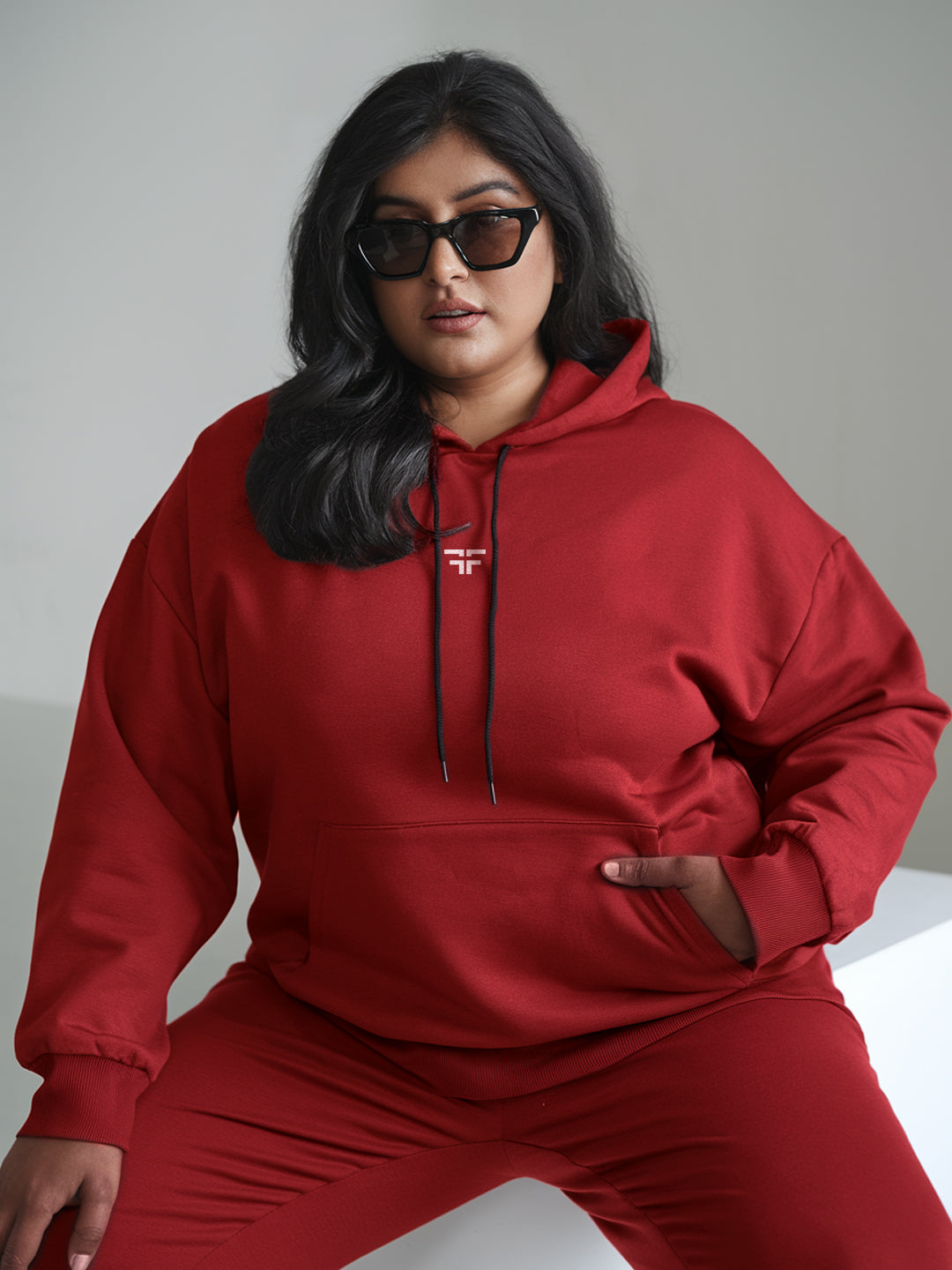 || PLUS SIZE DEEP RED THERMAL CO-ORD SET (HOODIE & JOGGER COMBO) ||