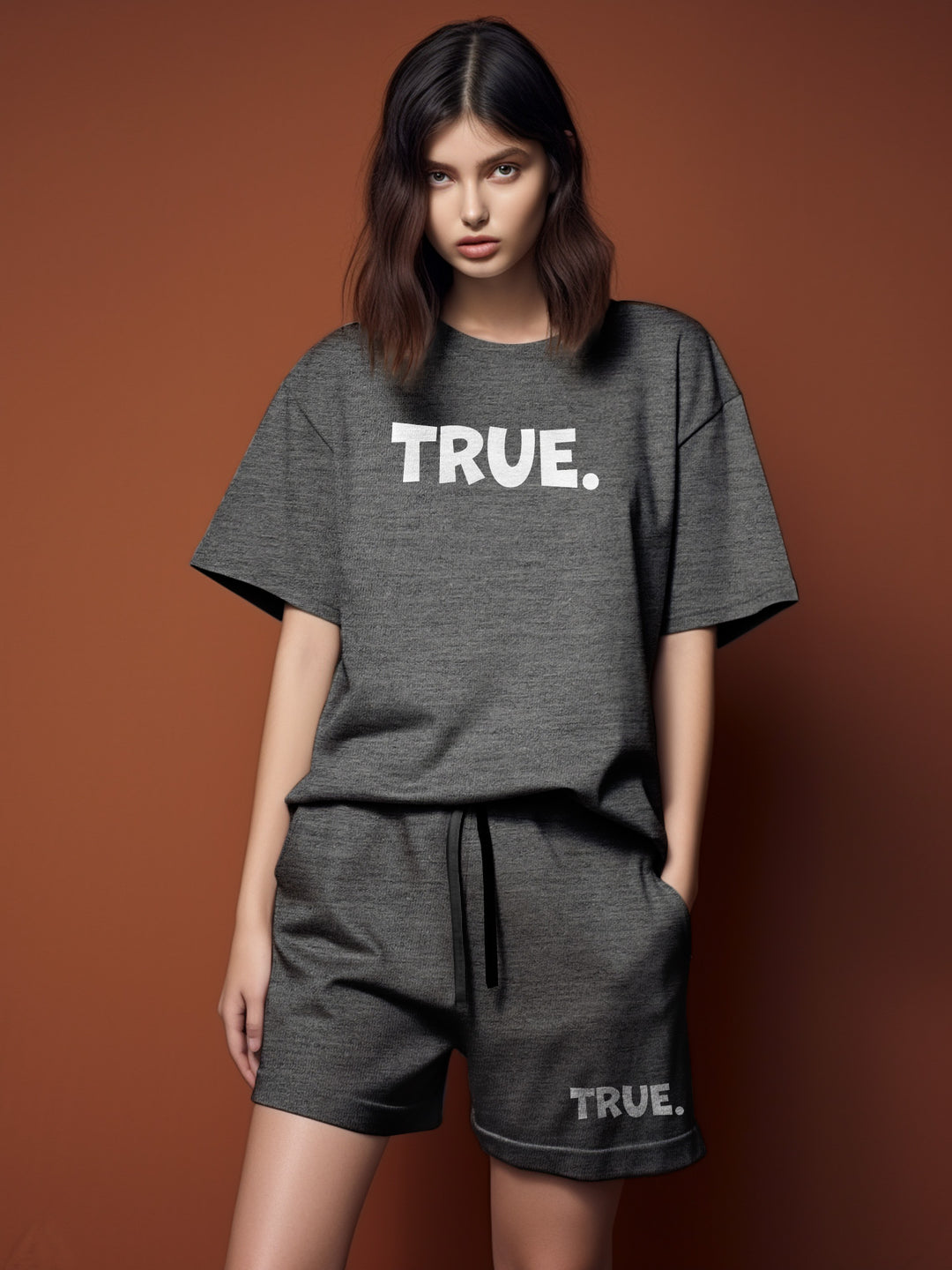 True. Cotton Girls T Shirt and Short Set in Grey Color