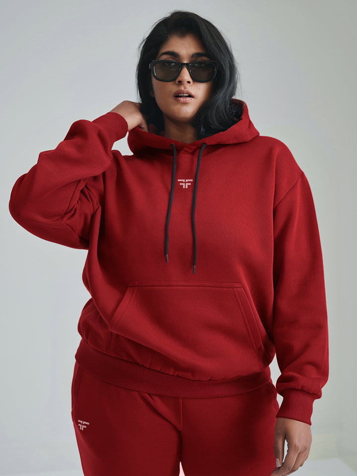 || PLUS SIZE DEEP RED THERMAL CO-ORD SET (HOODIE & JOGGER COMBO) ||