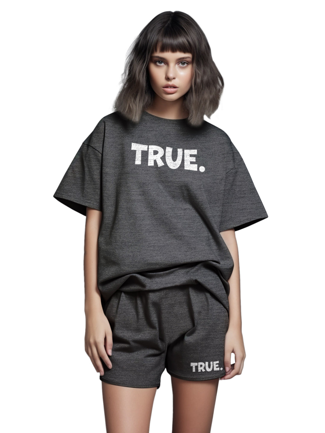 True. Cotton Girls T Shirt and Short Set in Grey Color