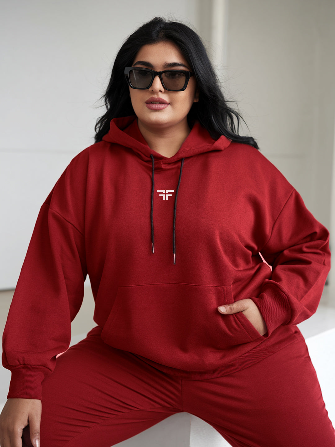 || PLUS SIZE DEEP RED THERMAL CO-ORD SET (HOODIE & JOGGER COMBO) ||