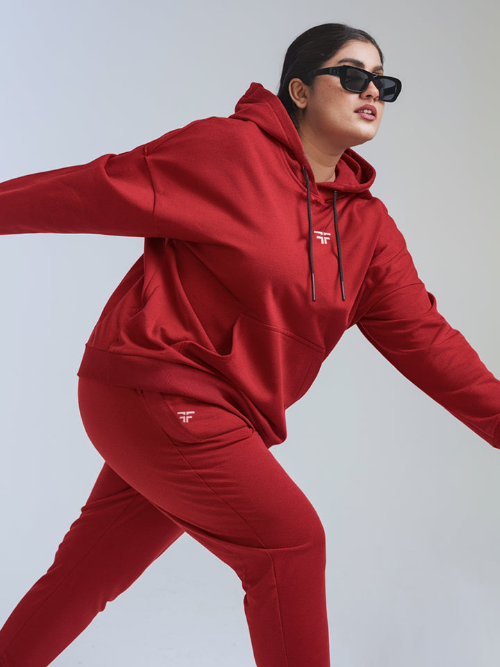 || PLUS SIZE DEEP RED THERMAL CO-ORD SET (HOODIE & JOGGER COMBO) ||