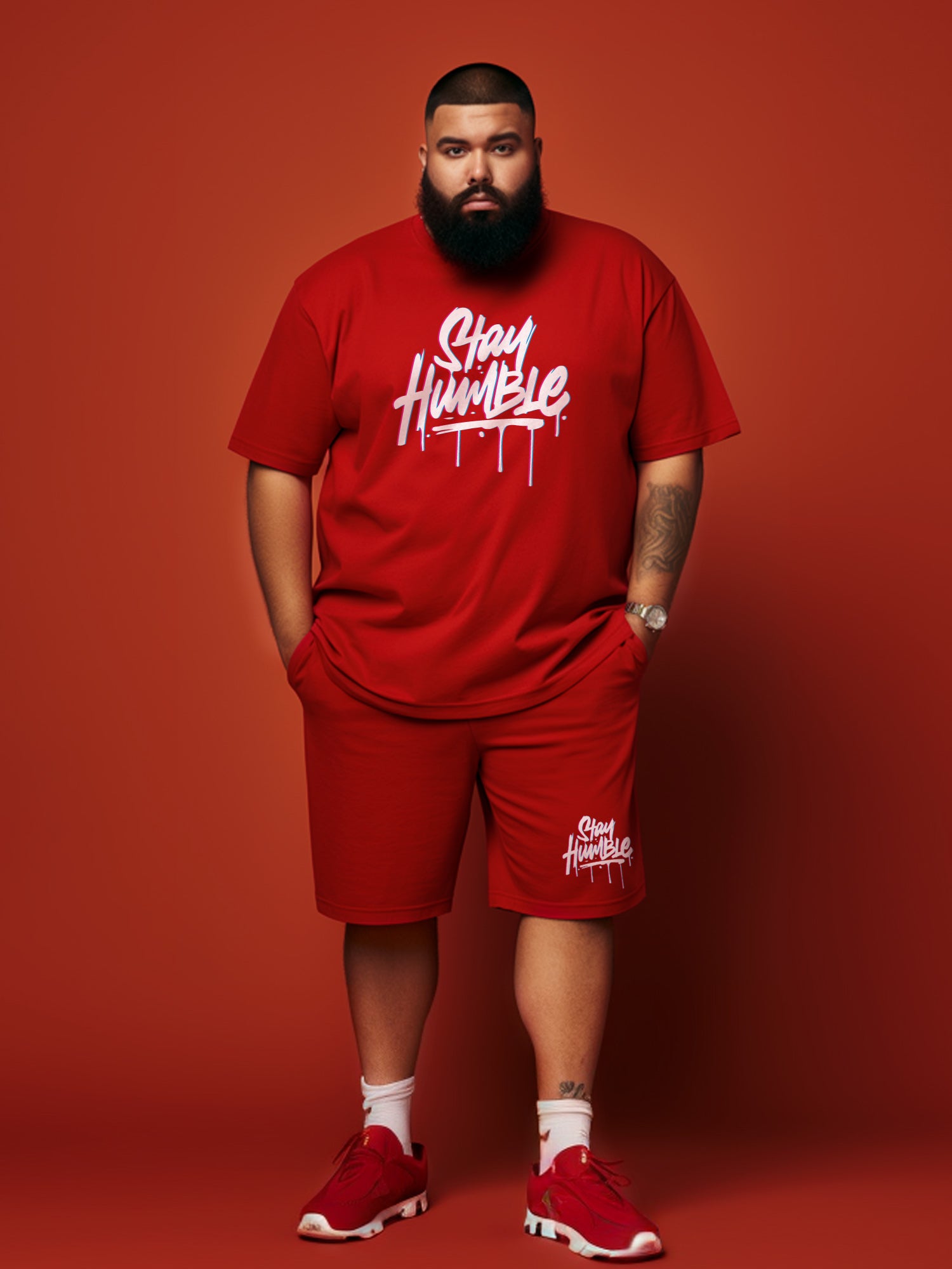 Stay Humble Cotton Mens T Shirt and Short Set (Plus Size)