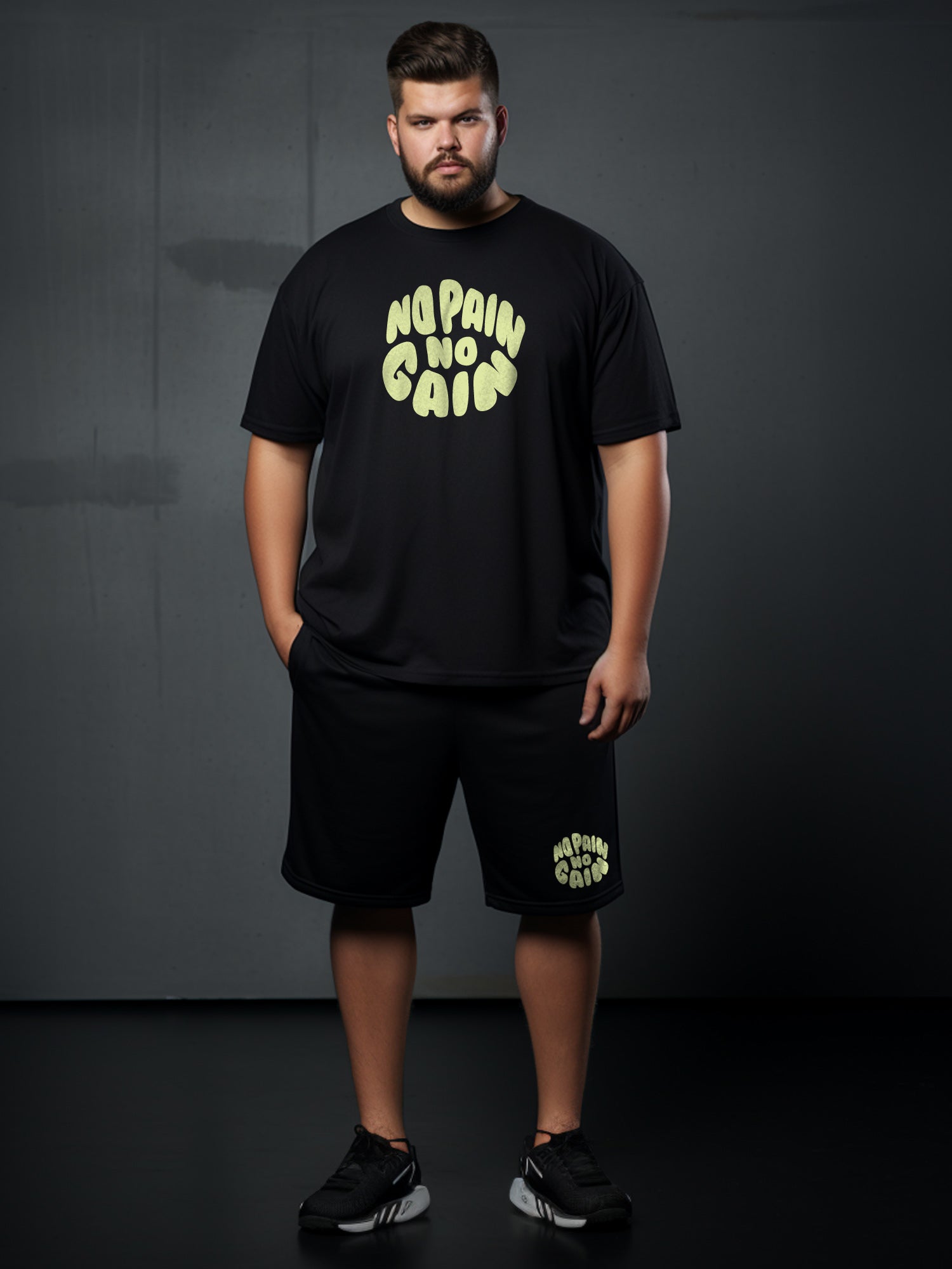 No Pain No Gain Cotton Mens T Shirt and Short Set (Plus Size)