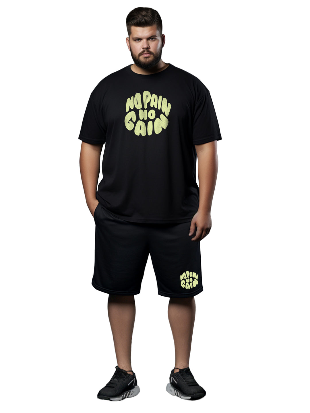 No Pain No Gain Cotton Mens T Shirt and Short Set (Plus Size)